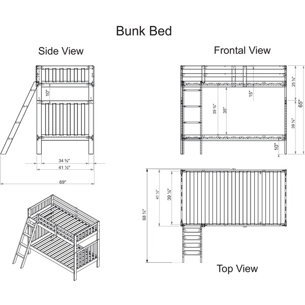 Aurora Twin Over Twin Wood Bunk Bed, Chestnut, Width: 42